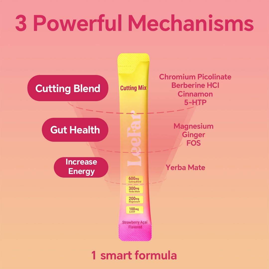 Cutting Drink Mix - Berberine, 5-HTP & Yerba Mate for Satiety Signaling, Metabolism & Gut Health - Strawberry Açaí Flavored, 30 Count