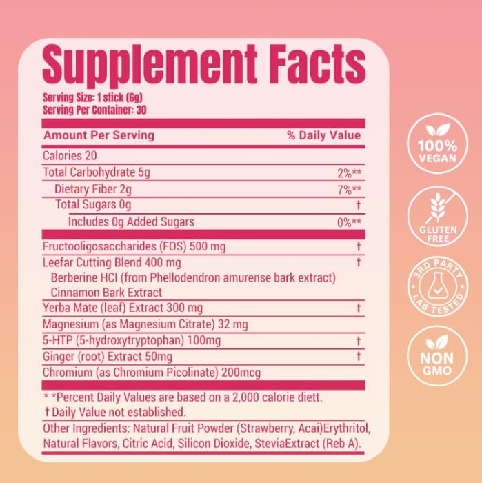 Cutting Drink Mix - Berberine, 5-HTP & Yerba Mate for Satiety Signaling, Metabolism & Gut Health - Strawberry Açaí Flavored, 30 Count