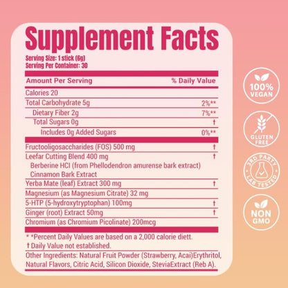Cutting Drink Mix - Berberine, 5-HTP & Yerba Mate for Satiety Signaling, Metabolism & Gut Health - Strawberry Açaí Flavored, 30 Count